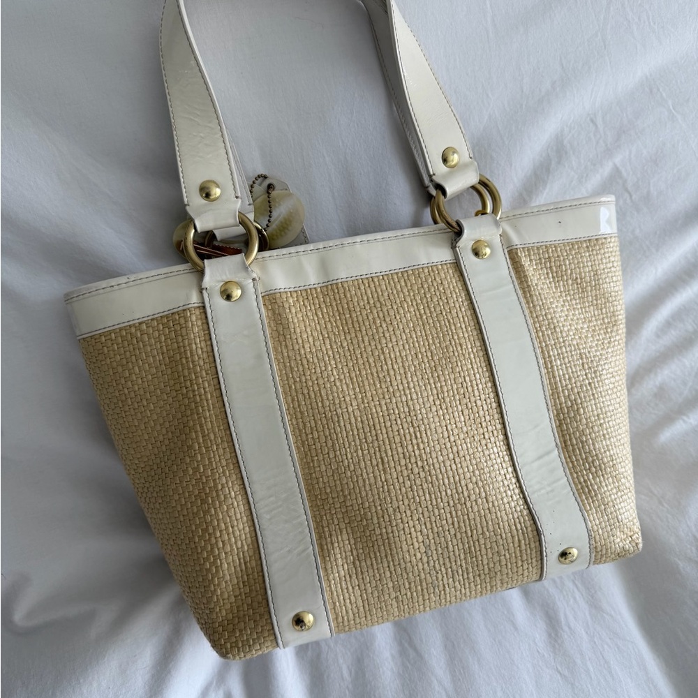 Coach Woven Straw Tote with White Trim - Neutral Summer Handbag - Picture 7 of 9